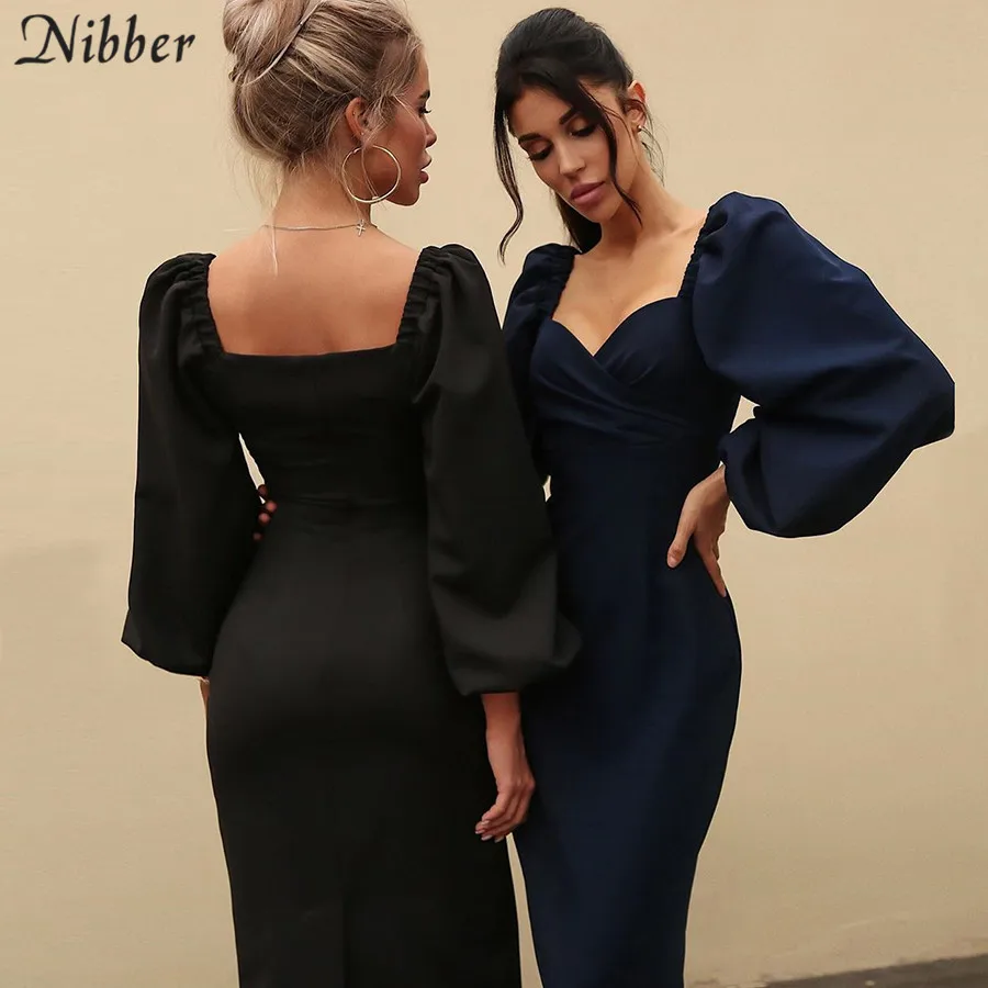 Nibber sexy pure V Neck off shoulder bodycon dress women autumn winter club party night red Elegant midi dress Mujer black dress