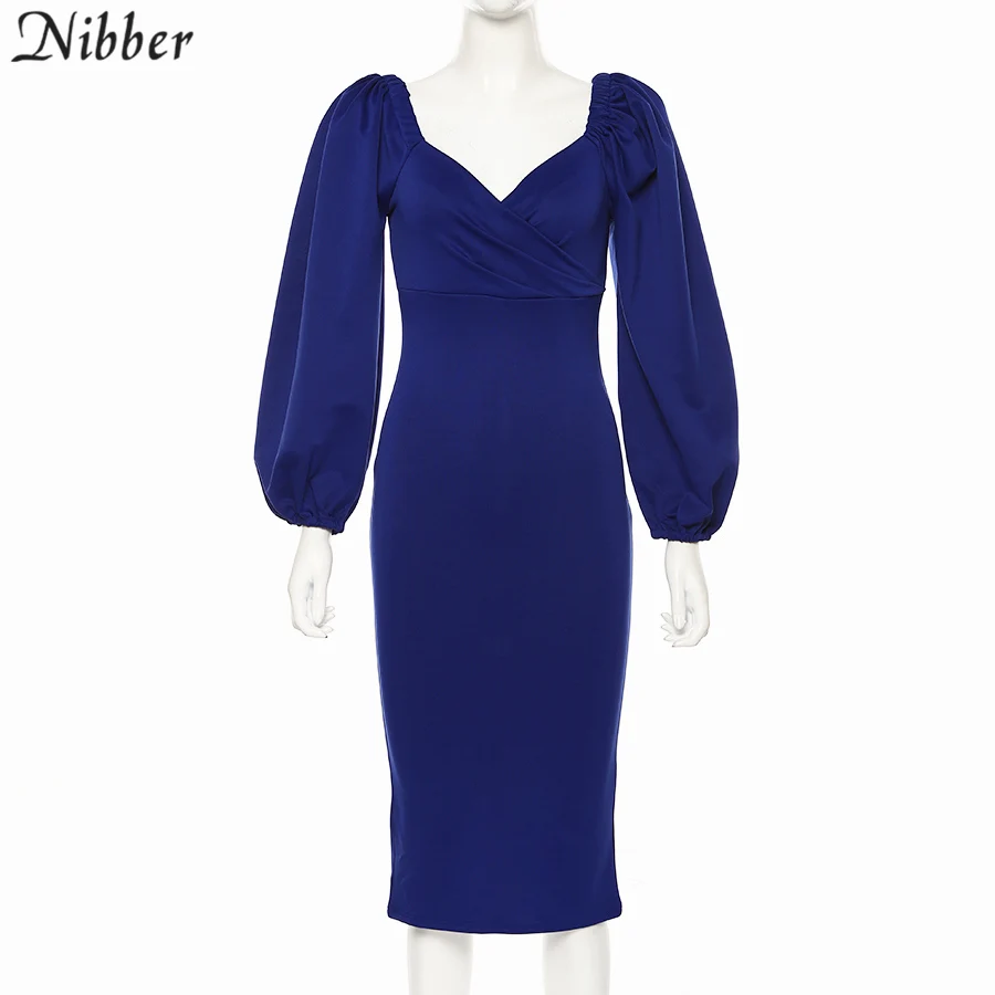 Nibber sexy pure V Neck off shoulder bodycon dress women autumn winter club party night red Elegant midi dress Mujer black dress