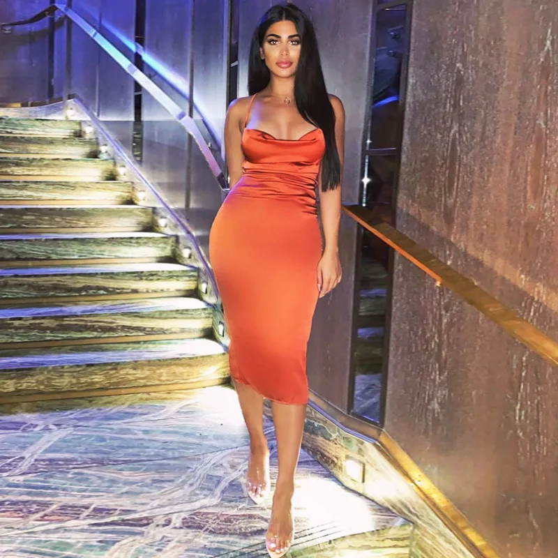 Dulzura neon satin lace up 2020 summer women bodycon long midi dress sleeveless backless elegant party outfits sexy club clothes