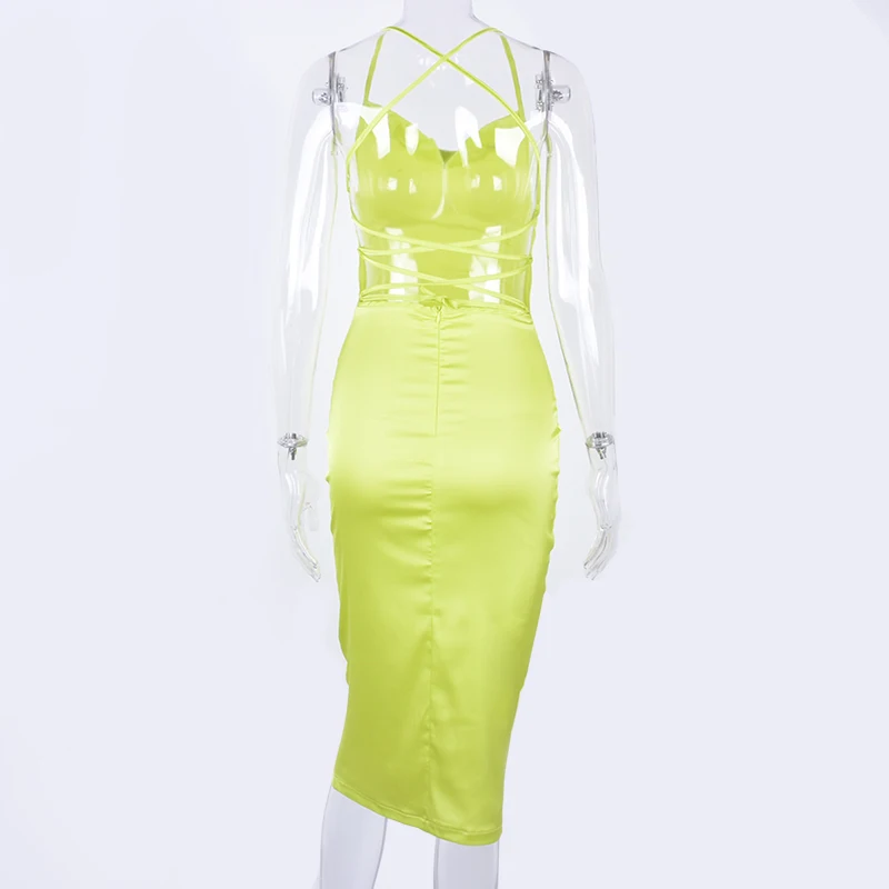 Dulzura neon satin lace up 2020 summer women bodycon long midi dress sleeveless backless elegant party outfits sexy club clothes