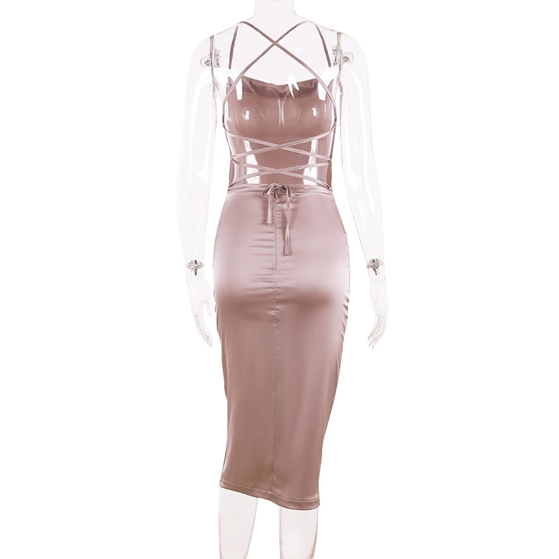 Dulzura neon satin lace up 2020 summer women bodycon long midi dress sleeveless backless elegant party outfits sexy club clothes