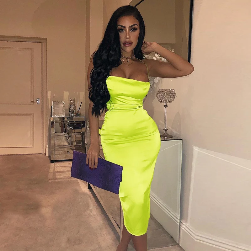 Dulzura neon satin lace up 2020 summer women bodycon long midi dress sleeveless backless elegant party outfits sexy club clothes