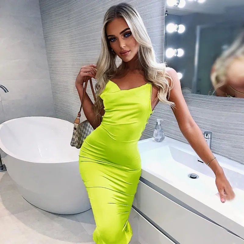 Dulzura neon satin lace up 2020 summer women bodycon long midi dress sleeveless backless elegant party outfits sexy club clothes