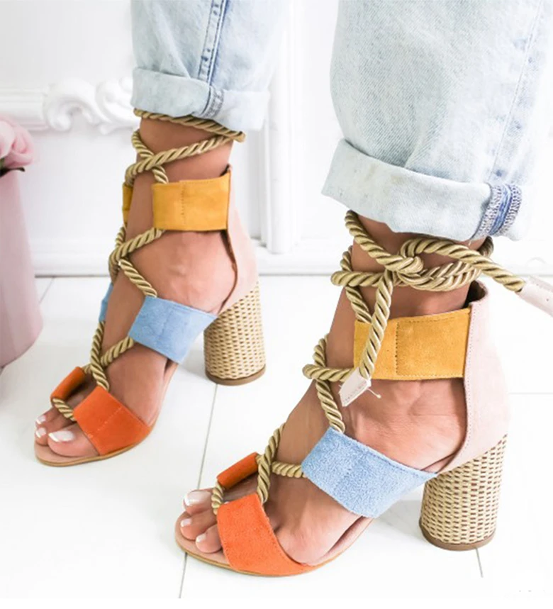 Women Pumps Lace Up High Heels Women Gladiator Sandals For Party Wedding Shoes Woman Summer Sandals Thick Heels Chaussures Femme