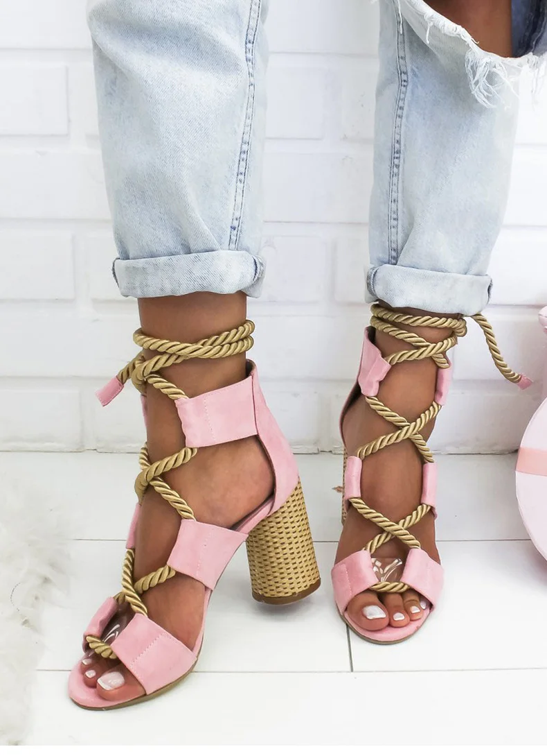 Women Pumps Lace Up High Heels Women Gladiator Sandals For Party Wedding Shoes Woman Summer Sandals Thick Heels Chaussures Femme