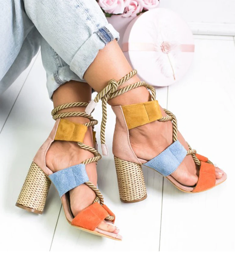 Women Pumps Lace Up High Heels Women Gladiator Sandals For Party Wedding Shoes Woman Summer Sandals Thick Heels Chaussures Femme