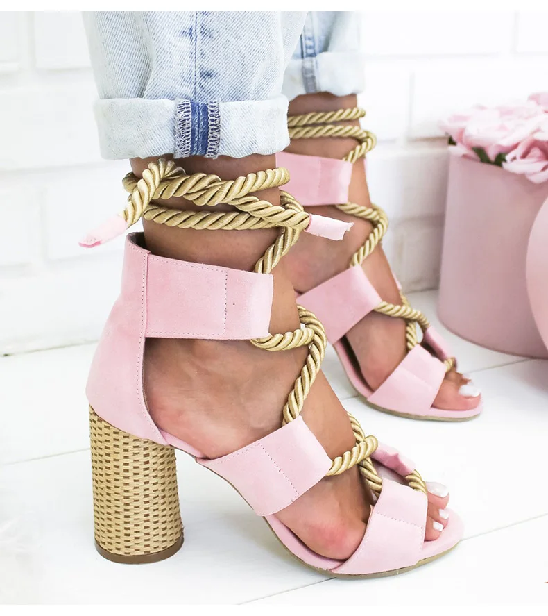 Women Pumps Lace Up High Heels Women Gladiator Sandals For Party Wedding Shoes Woman Summer Sandals Thick Heels Chaussures Femme