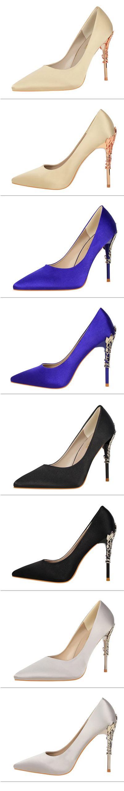 Metal Carved Thin Heel High Heels Pumps Women Shoes 2020 Sexy Pointed Toe Ladies Shoes Fashion Candy Colors Wedding Shoes Woman