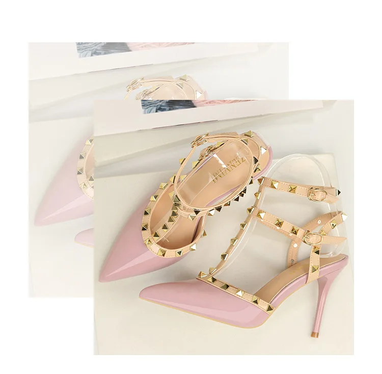 Rivet High Heels Luxury Designer Women Shoes Ladies Pumps Sexy Spring Summer 2019 Fashion Sandals Office Dress White Black Shoes