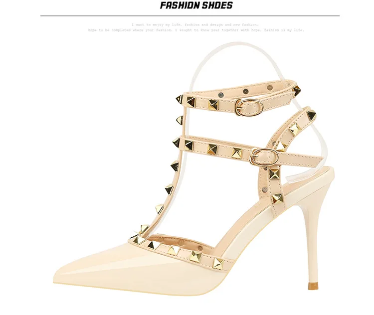 Rivet High Heels Luxury Designer Women Shoes Ladies Pumps Sexy Spring Summer 2019 Fashion Sandals Office Dress White Black Shoes