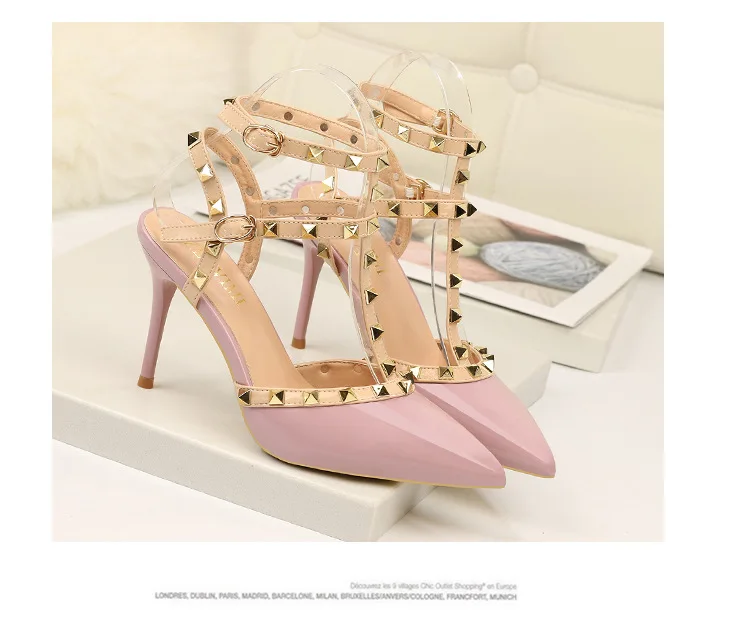 Rivet High Heels Luxury Designer Women Shoes Ladies Pumps Sexy Spring Summer 2019 Fashion Sandals Office Dress White Black Shoes