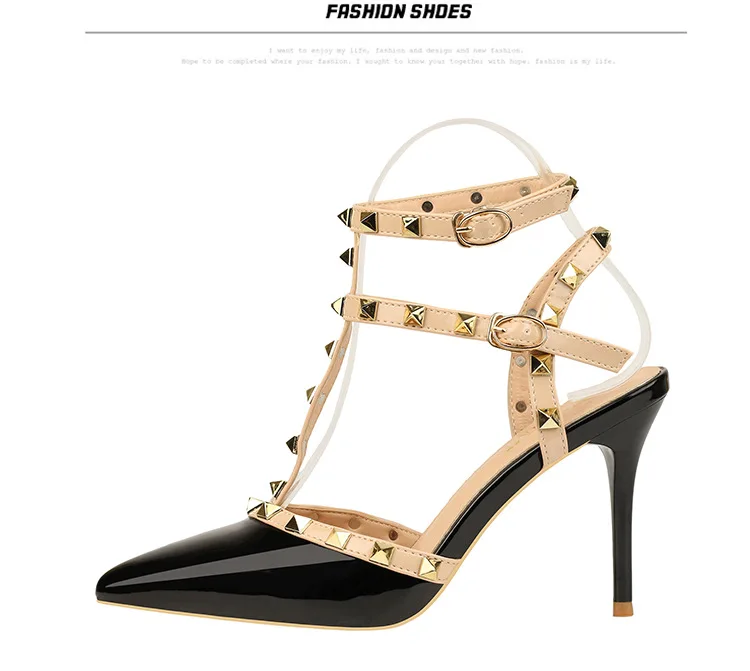 Rivet High Heels Luxury Designer Women Shoes Ladies Pumps Sexy Spring Summer 2019 Fashion Sandals Office Dress White Black Shoes