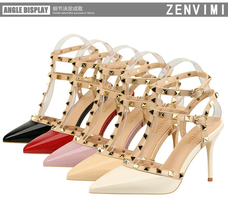 Rivet High Heels Luxury Designer Women Shoes Ladies Pumps Sexy Spring Summer 2019 Fashion Sandals Office Dress White Black Shoes