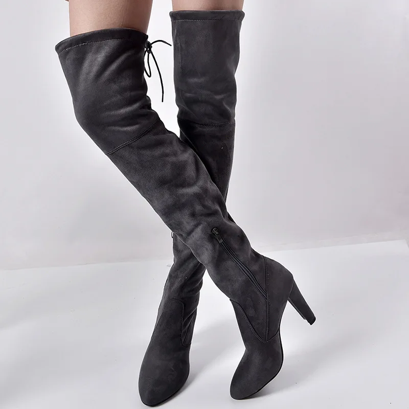 POLALI 2020 New Flock Leather Women Over The Knee Boots Lace Up Sexy High Heels Autumn Woman Shoes Winter Women Boots Size 34-43