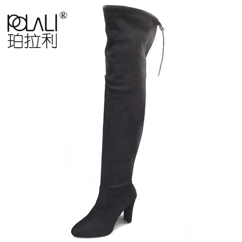 POLALI 2020 New Flock Leather Women Over The Knee Boots Lace Up Sexy High Heels Autumn Woman Shoes Winter Women Boots Size 34-43