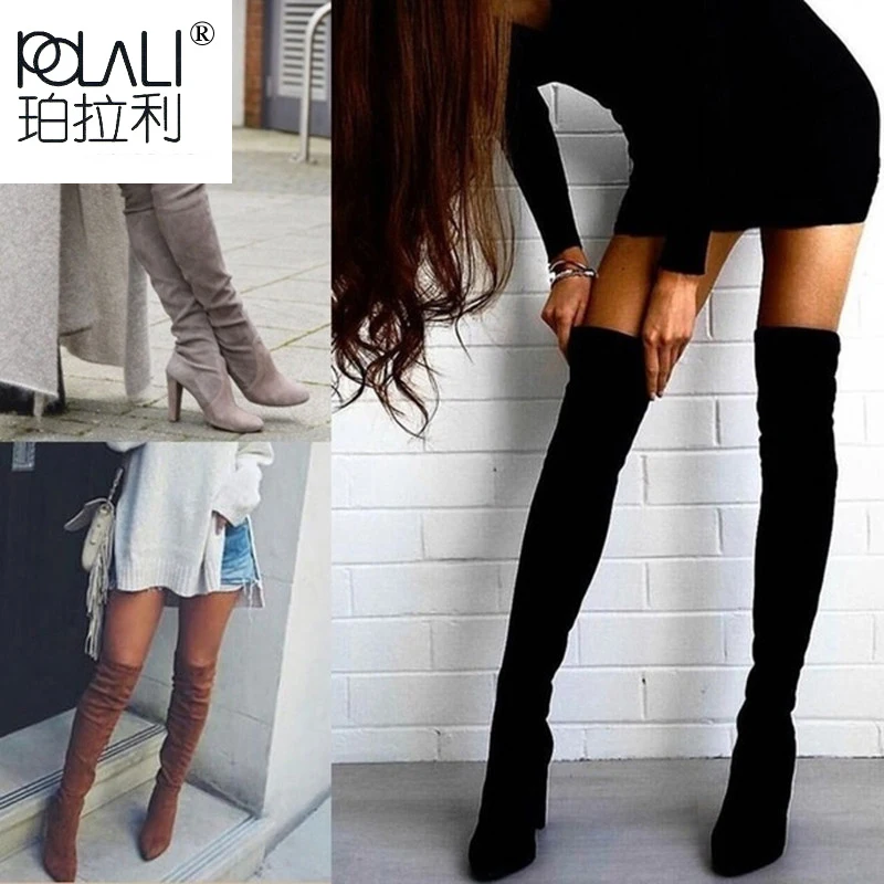 POLALI 2020 New Flock Leather Women Over The Knee Boots Lace Up Sexy High Heels Autumn Woman Shoes Winter Women Boots Size 34-43