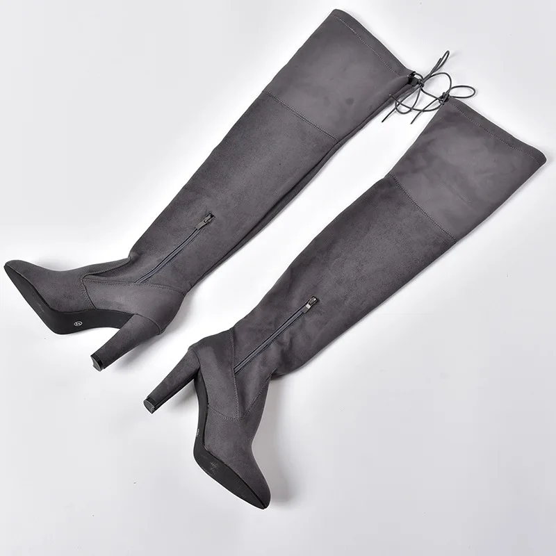 POLALI 2020 New Flock Leather Women Over The Knee Boots Lace Up Sexy High Heels Autumn Woman Shoes Winter Women Boots Size 34-43
