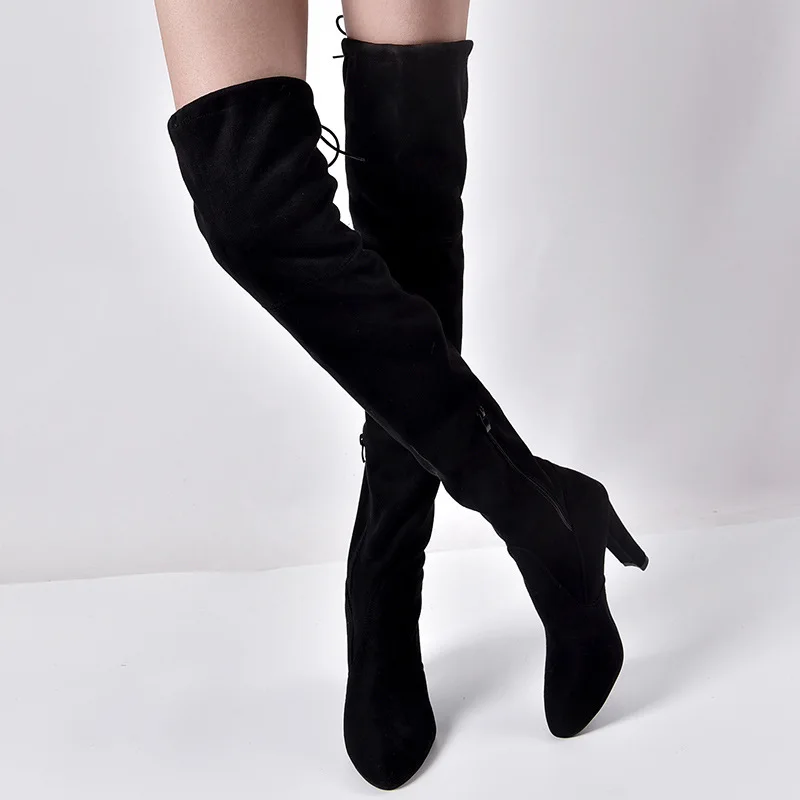 POLALI 2020 New Flock Leather Women Over The Knee Boots Lace Up Sexy High Heels Autumn Woman Shoes Winter Women Boots Size 34-43