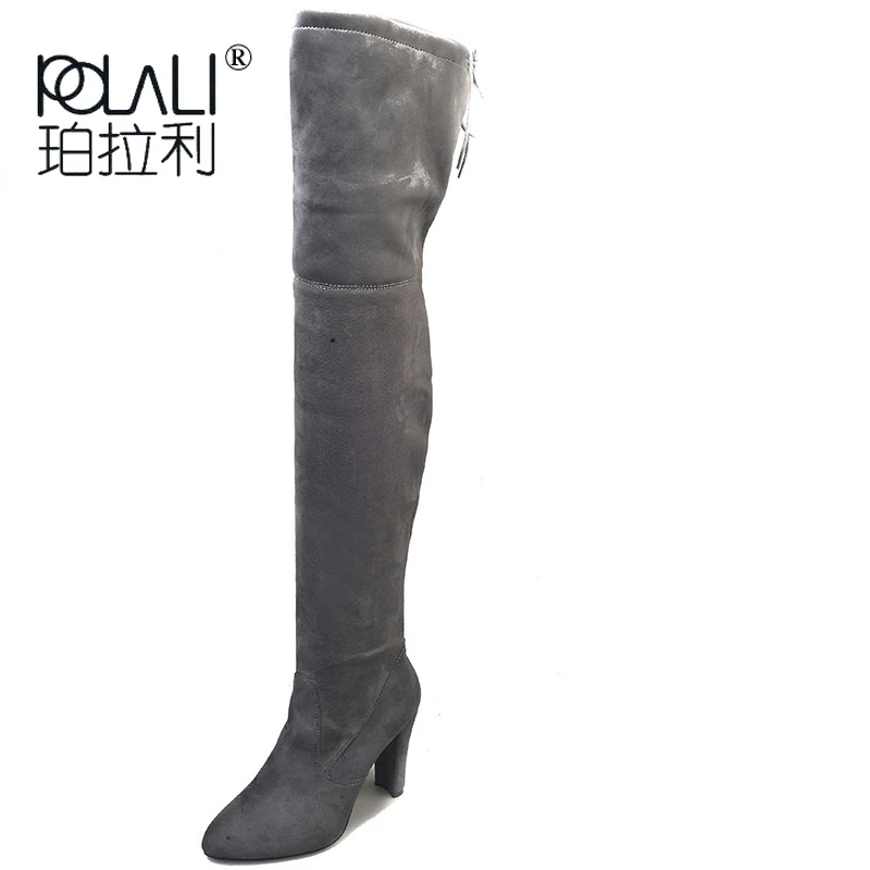 POLALI 2020 New Flock Leather Women Over The Knee Boots Lace Up Sexy High Heels Autumn Woman Shoes Winter Women Boots Size 34-43