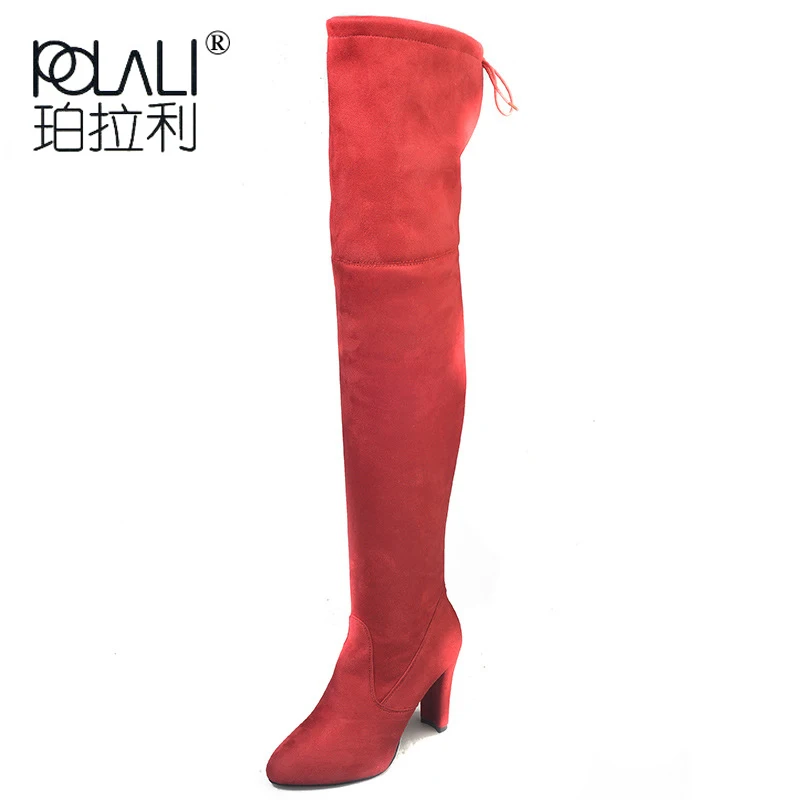 POLALI 2020 New Flock Leather Women Over The Knee Boots Lace Up Sexy High Heels Autumn Woman Shoes Winter Women Boots Size 34-43