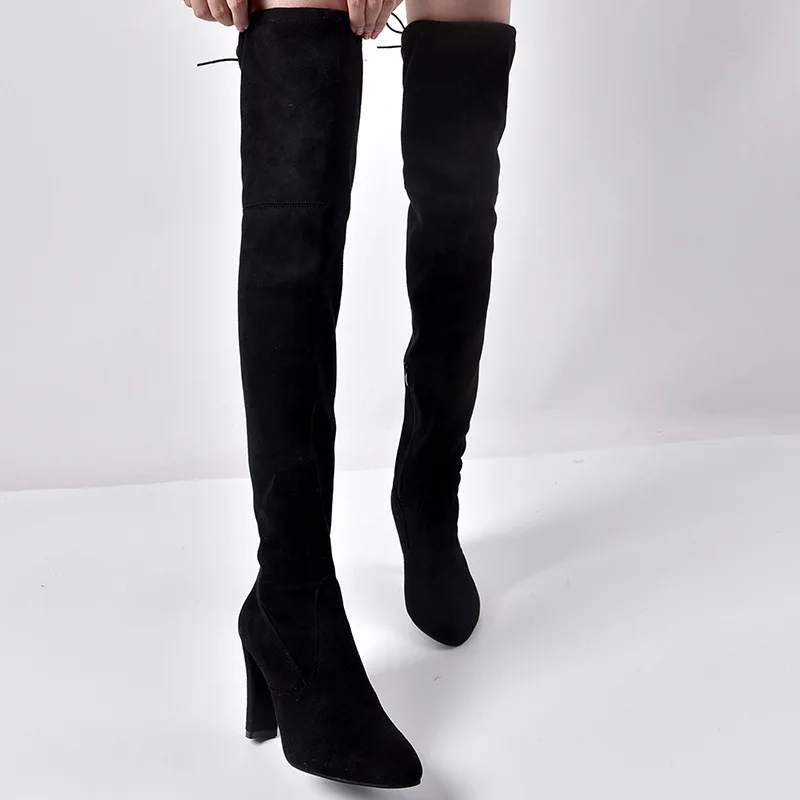POLALI 2020 New Flock Leather Women Over The Knee Boots Lace Up Sexy High Heels Autumn Woman Shoes Winter Women Boots Size 34-43