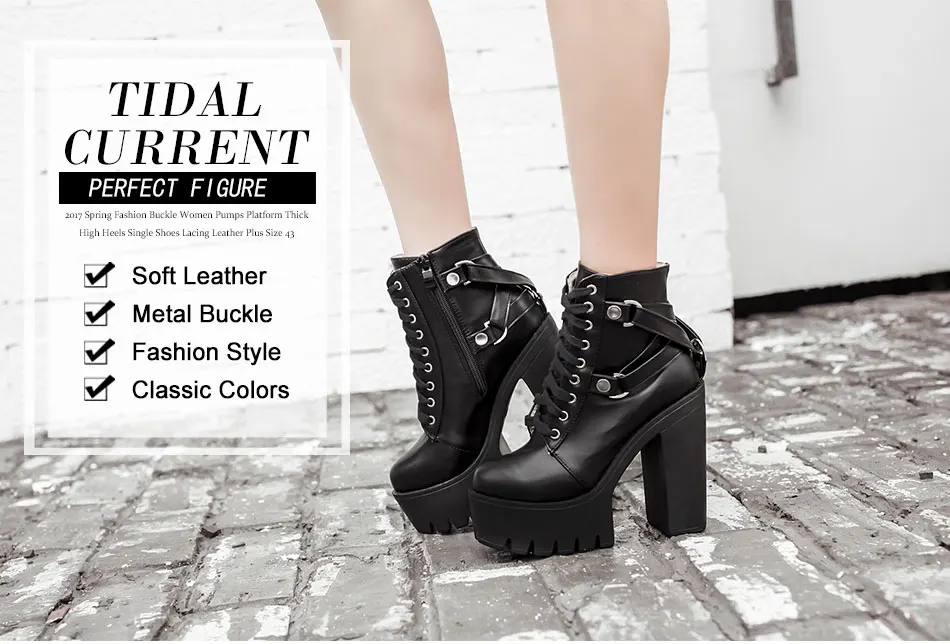 Gdgydh Fashion Black Boots Women Heel Spring Autumn Lace-up Soft Leather Platform Shoes Woman Party Ankle Boots High Heels Punk