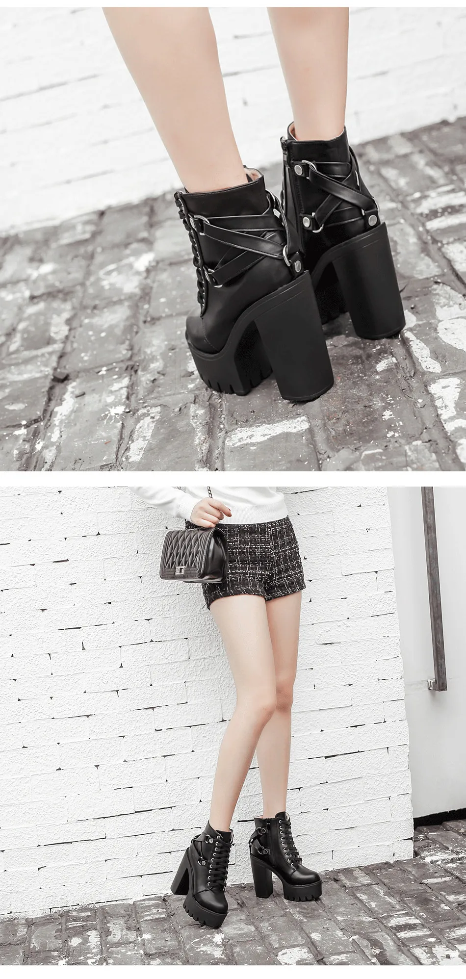 Gdgydh Fashion Black Boots Women Heel Spring Autumn Lace-up Soft Leather Platform Shoes Woman Party Ankle Boots High Heels Punk