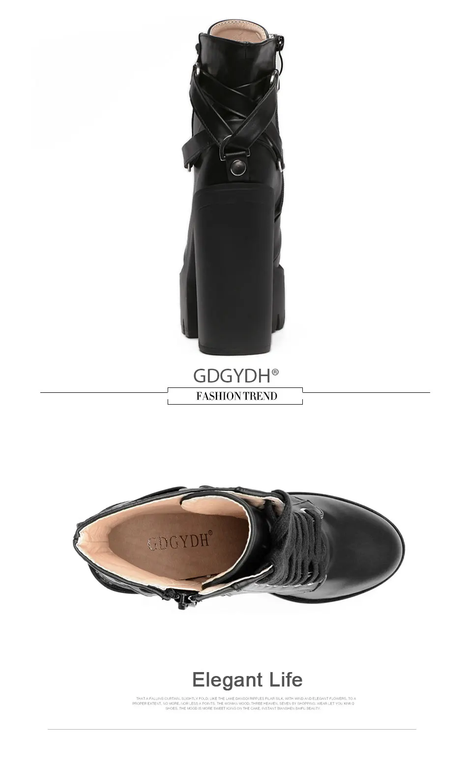 Gdgydh Fashion Black Boots Women Heel Spring Autumn Lace-up Soft Leather Platform Shoes Woman Party Ankle Boots High Heels Punk