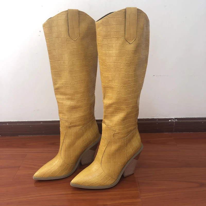 Black Yellow White Knee High Boots Western Cowboy Boots for Women Long Winter Boots Pointed Toe Cowgirl wedges Motorcycle Boots