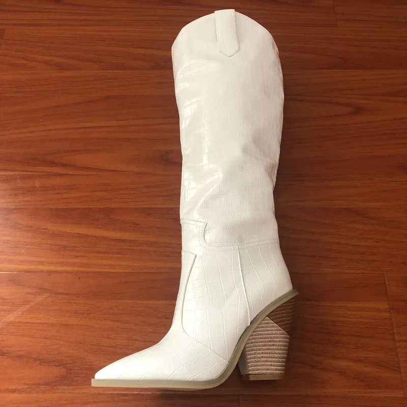 Black Yellow White Knee High Boots Western Cowboy Boots for Women Long Winter Boots Pointed Toe Cowgirl wedges Motorcycle Boots