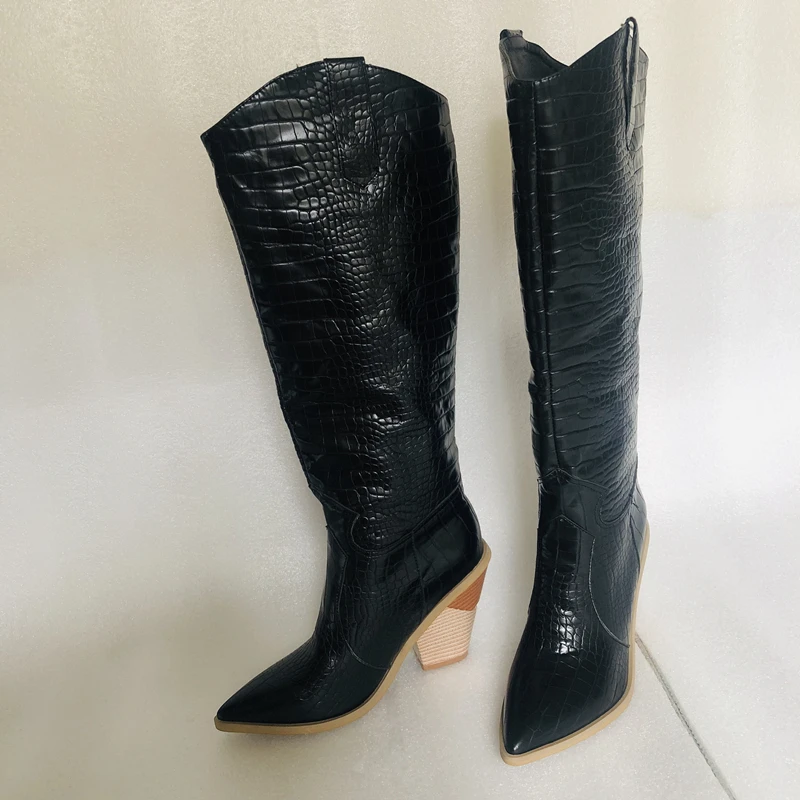 Black Yellow White Knee High Boots Western Cowboy Boots for Women Long Winter Boots Pointed Toe Cowgirl wedges Motorcycle Boots