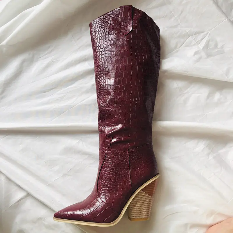 Black Yellow White Knee High Boots Western Cowboy Boots for Women Long Winter Boots Pointed Toe Cowgirl wedges Motorcycle Boots