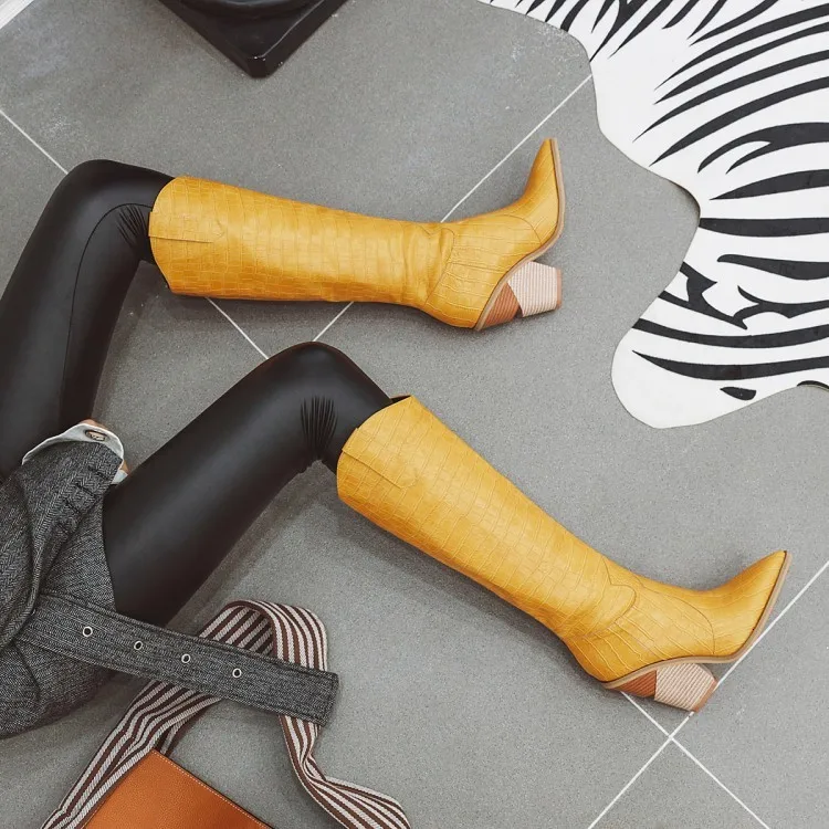 Black Yellow White Knee High Boots Western Cowboy Boots for Women Long Winter Boots Pointed Toe Cowgirl wedges Motorcycle Boots