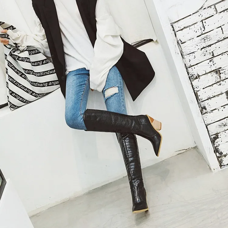 Black Yellow White Knee High Boots Western Cowboy Boots for Women Long Winter Boots Pointed Toe Cowgirl wedges Motorcycle Boots