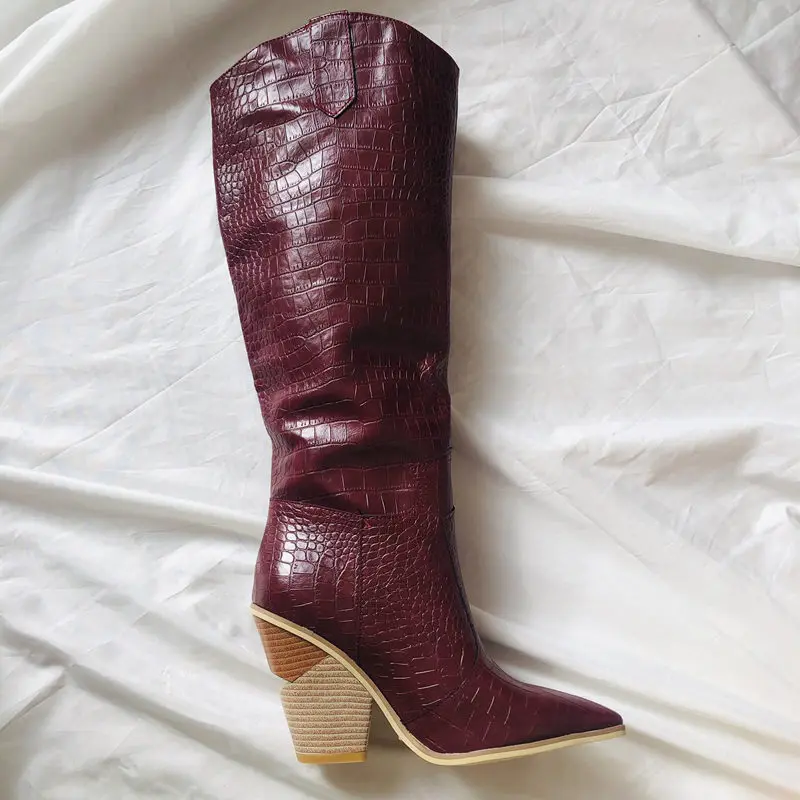 Black Yellow White Knee High Boots Western Cowboy Boots for Women Long Winter Boots Pointed Toe Cowgirl wedges Motorcycle Boots