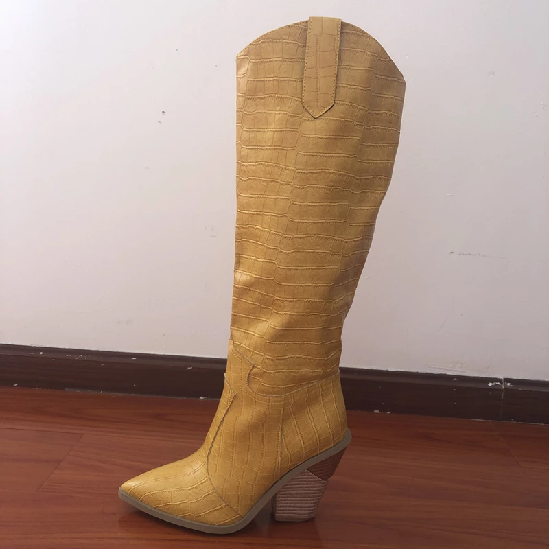 Black Yellow White Knee High Boots Western Cowboy Boots for Women Long Winter Boots Pointed Toe Cowgirl wedges Motorcycle Boots