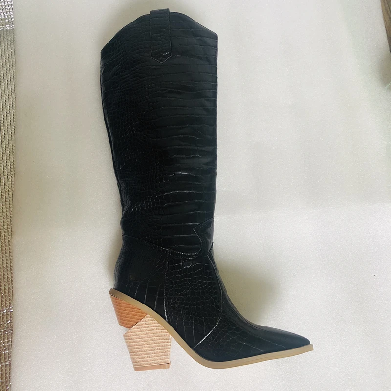 Black Yellow White Knee High Boots Western Cowboy Boots for Women Long Winter Boots Pointed Toe Cowgirl wedges Motorcycle Boots