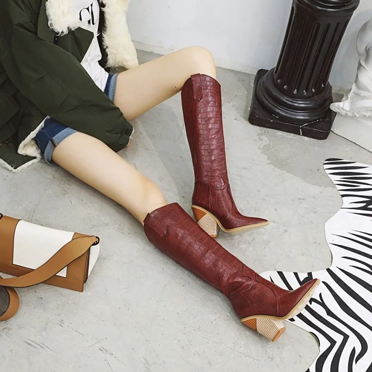 Black Yellow White Knee High Boots Western Cowboy Boots for Women Long Winter Boots Pointed Toe Cowgirl wedges Motorcycle Boots