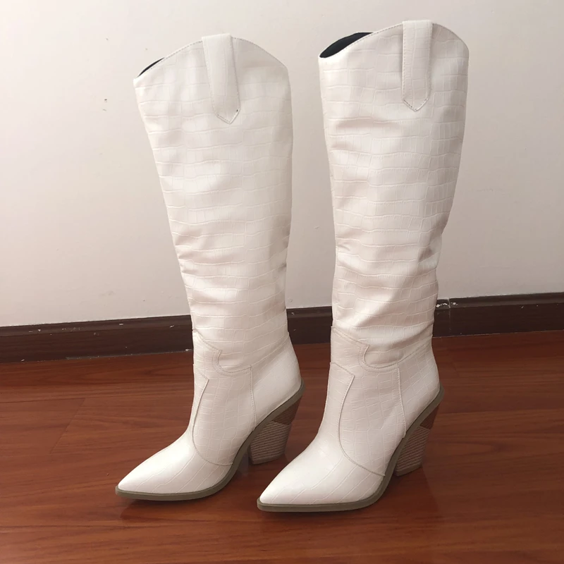 Black Yellow White Knee High Boots Western Cowboy Boots for Women Long Winter Boots Pointed Toe Cowgirl wedges Motorcycle Boots