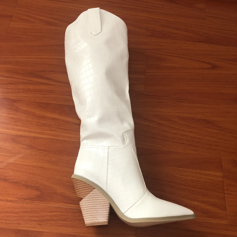 Black Yellow White Knee High Boots Western Cowboy Boots for Women Long Winter Boots Pointed Toe Cowgirl wedges Motorcycle Boots