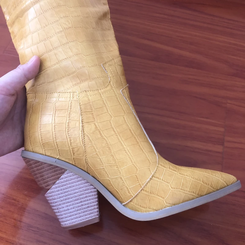 Black Yellow White Knee High Boots Western Cowboy Boots for Women Long Winter Boots Pointed Toe Cowgirl wedges Motorcycle Boots