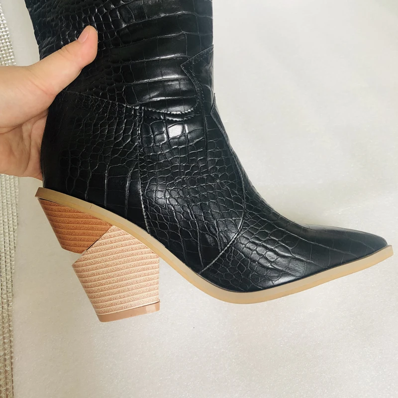 Black Yellow White Knee High Boots Western Cowboy Boots for Women Long Winter Boots Pointed Toe Cowgirl wedges Motorcycle Boots