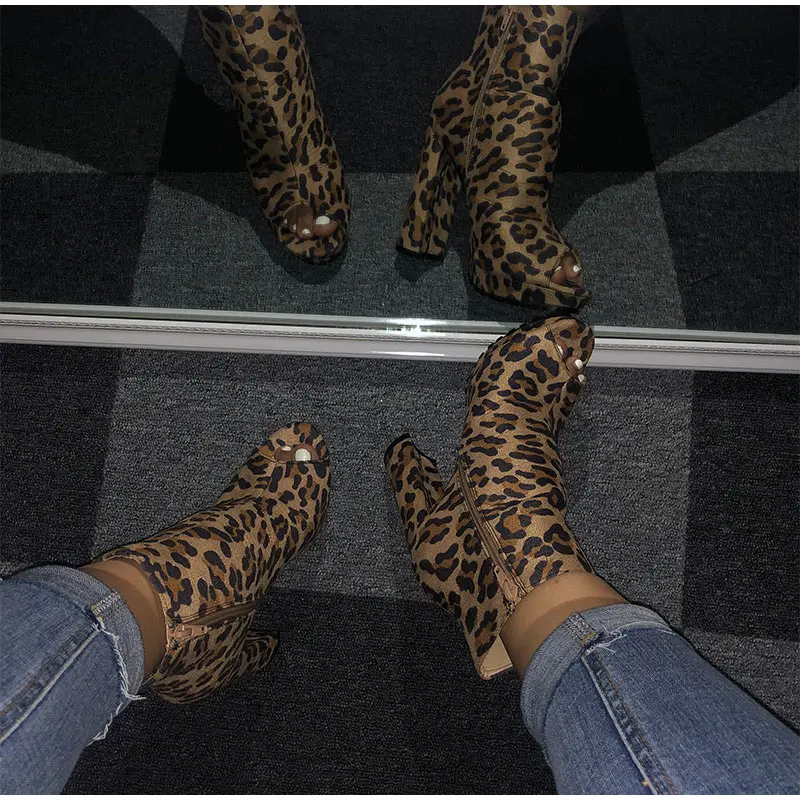 Women Zip Peep Toe Ankle Boots Autumn New Ladies Snakeskin Starry Sky Platform Thick High Heels Female Fashion Fur Sandals Shoes