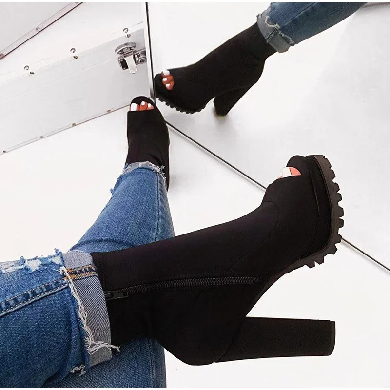 Women Zip Peep Toe Ankle Boots Autumn New Ladies Snakeskin Starry Sky Platform Thick High Heels Female Fashion Fur Sandals Shoes