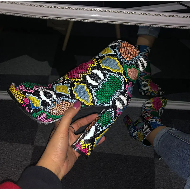 Women Zip Peep Toe Ankle Boots Autumn New Ladies Snakeskin Starry Sky Platform Thick High Heels Female Fashion Fur Sandals Shoes