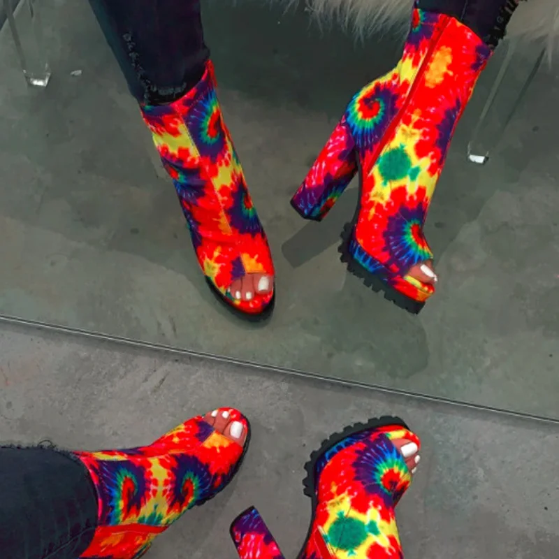 Women Zip Peep Toe Ankle Boots Autumn New Ladies Snakeskin Starry Sky Platform Thick High Heels Female Fashion Fur Sandals Shoes