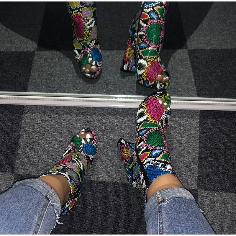 Women Zip Peep Toe Ankle Boots Autumn New Ladies Snakeskin Starry Sky Platform Thick High Heels Female Fashion Fur Sandals Shoes