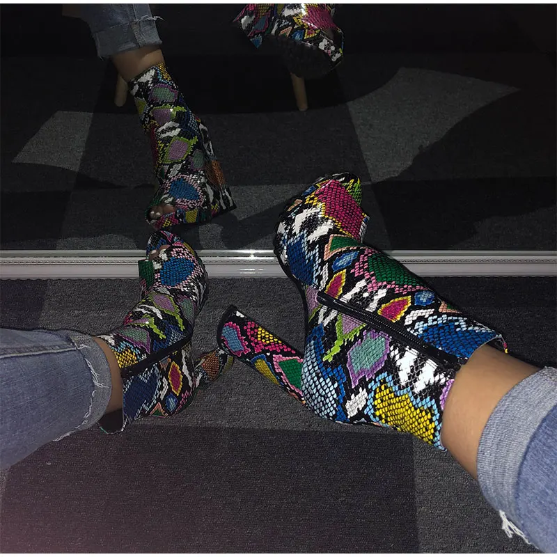 Women Zip Peep Toe Ankle Boots Autumn New Ladies Snakeskin Starry Sky Platform Thick High Heels Female Fashion Fur Sandals Shoes