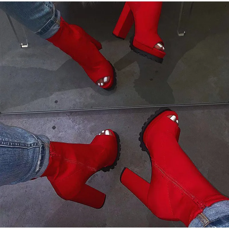 Women Zip Peep Toe Ankle Boots Autumn New Ladies Snakeskin Starry Sky Platform Thick High Heels Female Fashion Fur Sandals Shoes