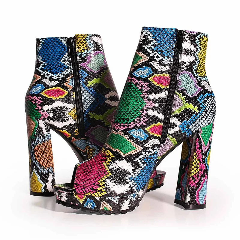 Women Zip Peep Toe Ankle Boots Autumn New Ladies Snakeskin Starry Sky Platform Thick High Heels Female Fashion Fur Sandals Shoes